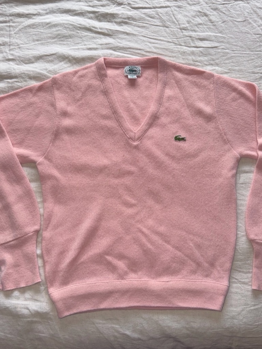 Lacoste V-Neck Sweater in Light Pink with Green Logo